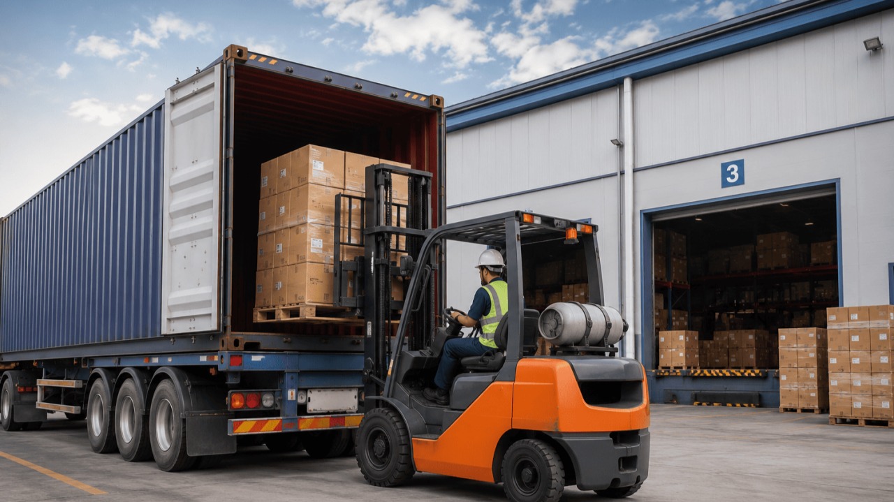 Warehouse operations — forklift loading a container